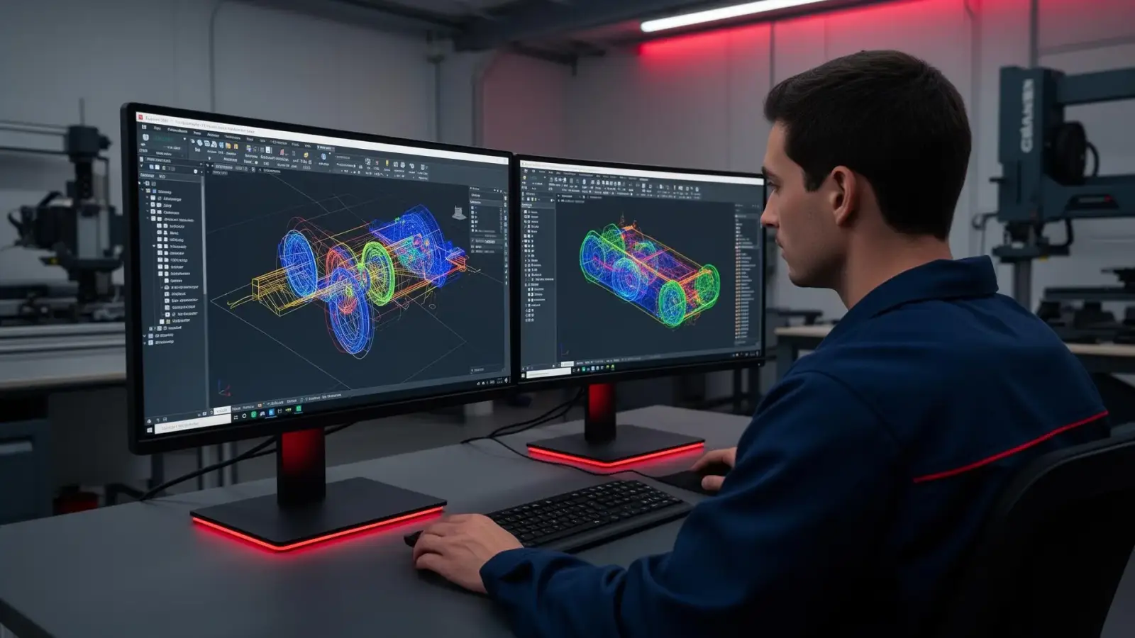 Engineer reviewing a CAD/CAM toolpath simulation on dual monitors