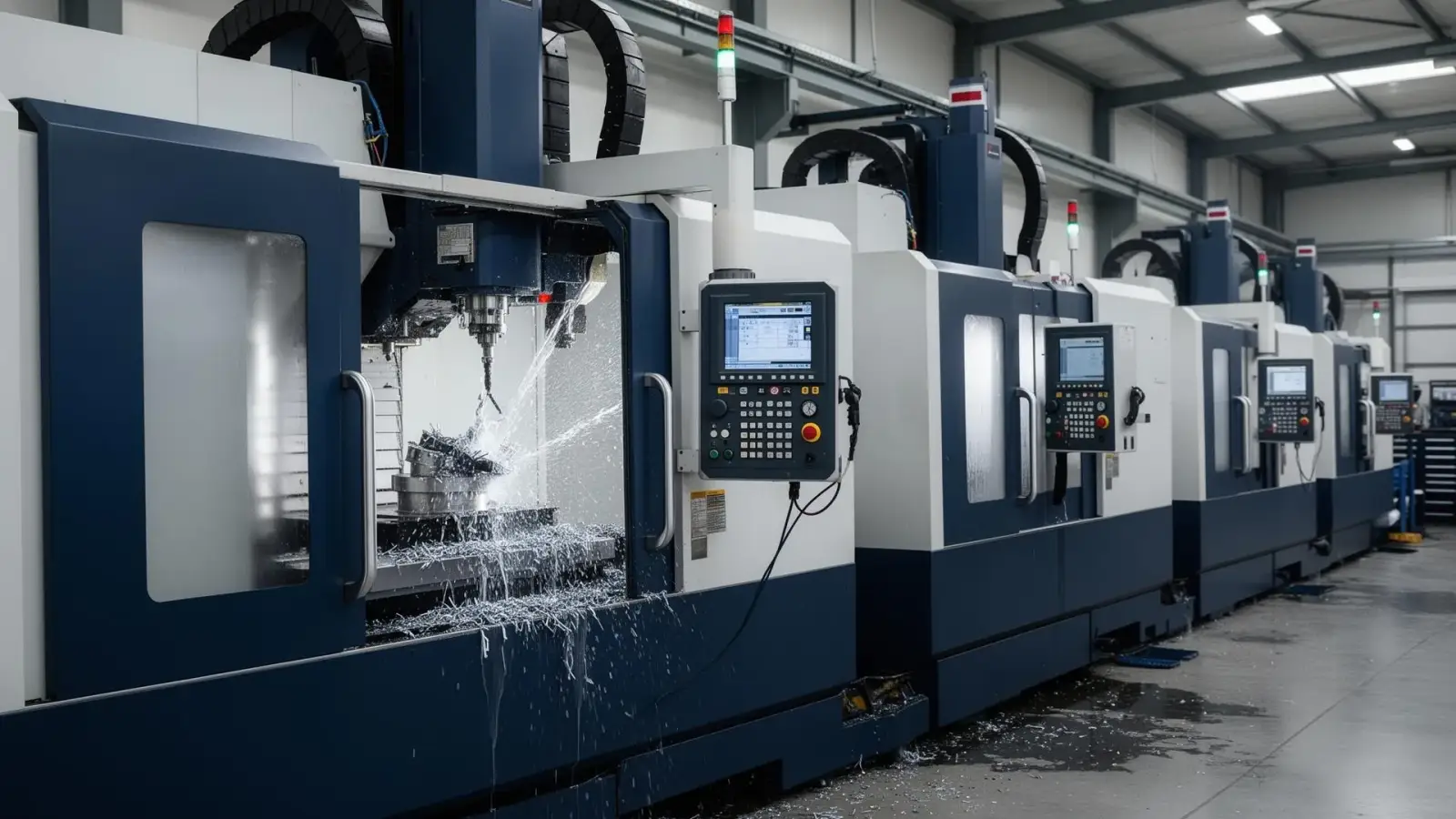 Row of CNC machining centers in a precision manufacturing facility